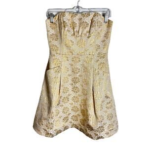 Lilly Pulitzer Silk Blend Strapless Gold And Cream Metallic Floral Dress Size 2